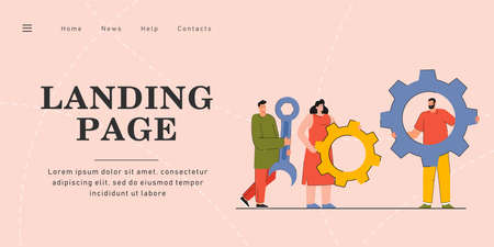 Colleagues holding gear-wheels and wrench. Tiny cartoon woman and men holding tools, working together. Teamwork, togetherness concept for banner, website design or landing web page.のイラスト素材