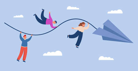 Employees flying ahead on paper airplane to business goal. Journey of tiny people hanging on rope to...
