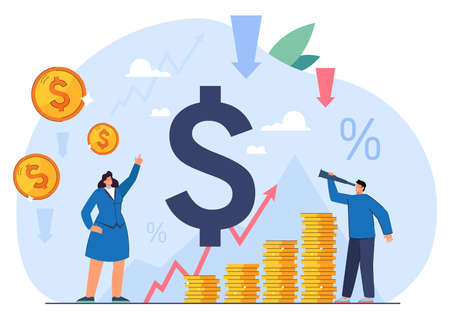 Business people with stacks of coins and arrow going up. Recession of value or worth of money in financial market, price increase flat vector illustration. Inflation, economy concept for bannerのイラスト素材