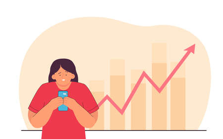 Happy businesswoman looking at stock market statistics on phone. Business growth or progress, profit...
