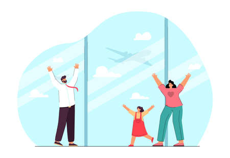Happy cartoon mother, father and daughter at airport. Family going on vacation together by plane flat vector illustration. Traveling, transportation concept for banner, website design or landing pageのイラスト素材
