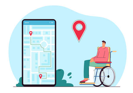 Man in wheelchair using navigation or taxi app on phone. Male character with physical disability making route on city map flat vector illustration. Transportation, mobility concept for bannerのイラスト素材