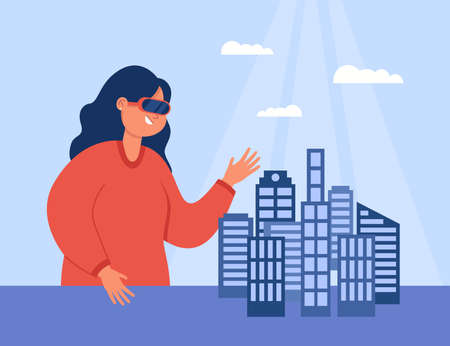 Architect with 3d model of city construction on table. Engineer in VR headset modeling office buildings flat vector illustration. Virtual vision or reality, development concept for bannerのイラスト素材