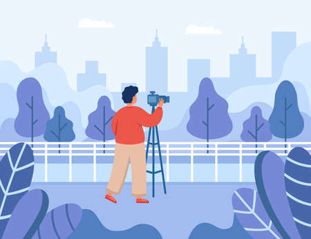 Professional photographer taking picture of landscape of city. Man with camera on tripod flat vector illustration. Photography, traveling, nature concept for banner, website design or landing web pageのイラスト素材