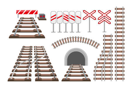 Train tracks and railway signs vector illustrations set. Top and perspective view of railroad elements for maps, curved road isolated on white background. Transport, transportation conceptのイラスト素材