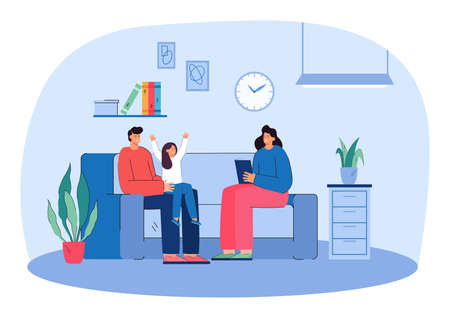 Father, mother and happy daughter reading story book together. Adult man, woman and child sitting on home sofa in comfortable living room flat vector illustration. Education, family time conceptのイラスト素材