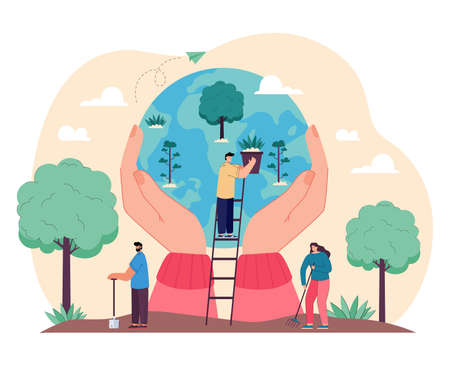 Reforestation and Earth environment protection from volunteers. Teamwork of tiny persons growing green plants and trees together flat vector illustration. Ecology, sustainable agriculture conceptのイラスト素材