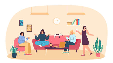 Group of young cheerful girlfriends gathering for home party. Fun celebration of female friends or neighbors sitting on couch with glasses of wine and cat flat vector illustration. Friendship conceptのイラスト素材