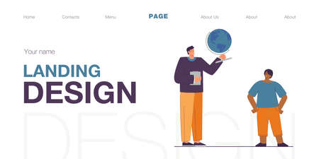 Teacher showing globe to male student. School tutor explaining material about Earth flat vector illustration. Geography, education, study concept for banner, website design or landing web page.のイラスト素材