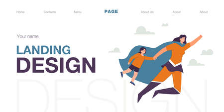 Happy mother in superhero costume flying with daughter in sky. Young woman with cape and girl going shopping flat vector illustration. Family, motherhood concept for website design or landing web pageのイラスト素材