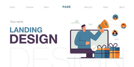 Business person using social media referral strategy online. Getting new product consumers through internet, customer review or interaction management flat vector illustration. Web marketing conceptのイラスト素材