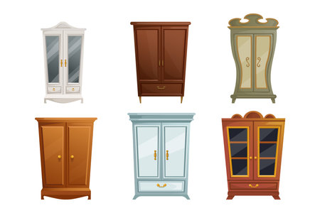 Collection of different cabinets and cupboards in classic style cartoon vector illustration. Wooden wardrobes, old fashioned furniture, vintage stuff isolated on white background. Interior conceptのイラスト素材