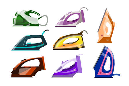 Various steam irons cartoon illustration collection. Modern electric hot press iron for ironing and...