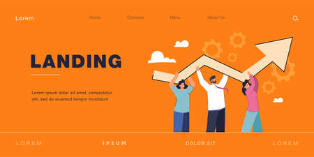 Team of tiny business people holding growing arrow together. Teamwork of professional employees on...