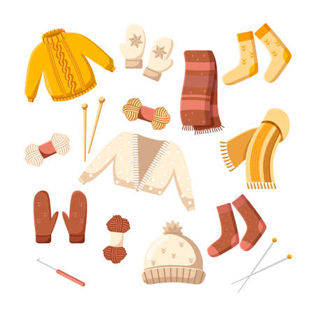 Seasonal knitwear from wool vector illustrations set. Crochet, handmade woolen hat, scarf, sweater, jumper or pullover, turtleneck on white background. Winter or autumn, clothes, accessories conceptのイラスト素材
