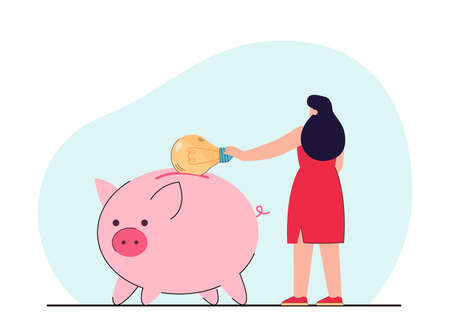 Cartoon businesswoman putting lightbulb into big piggybank. Creative woman with idea for startup flat vector illustration. Finances, investment concept for banner, website design or landing web pageのイラスト素材