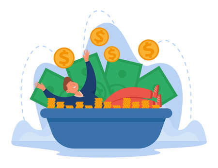 Happy man lying in bath with money flat vector illustration. Smiling millionaire character with dollars, gold coins, banknotes around him. Rich male adult enjoying life. Success, dream conceptのイラスト素材
