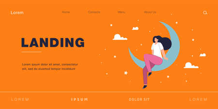 Woman relaxing with calm dreams at night. Girl with long hair sitting on crescent moon among stars and clouds in sky flat vector illustration. Good sleep, self love and care, wellbeing conceptのイラスト素材