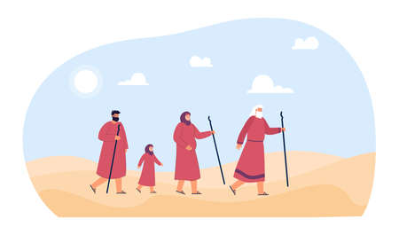 Prophet Moses leading people through desert in ancient Egypt. Character from Bible walking with Christian persons flat vector illustration. Religion, Judaism concept for banner or landing web pageのイラスト素材