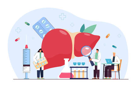 Tiny cartoon doctors examining liver of patient. Hepatitis treatment, cancer awareness flat vector illustration. Disease, health, care concept for banner, website design or landing web pageのイラスト素材