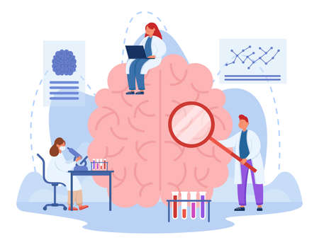 Tiny doctors examining human brain with magnifier. Male and female scientist in medical wear conducting experiments in laboratory, collecting data flat vector illustration. Research, science conceptのイラスト素材