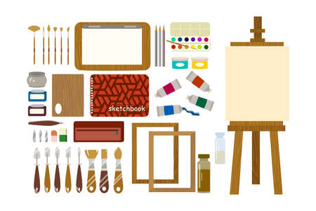 Painting tools for painter or craftsman cartoon illustration set. Tubes of paints, brushes, canvas, sketchbook, frames, pallet, drawing easel on white background. Art, craft, equipment conceptのイラスト素材