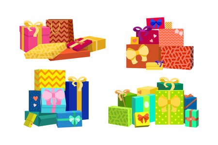 Pile of colorful wrapped gift boxes cartoon illustration set. Blue, red, yellow birthday, Christmas or Xmas presents with ribbons for friends or family. Party, celebration, surprise conceptのイラスト素材