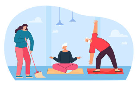 Girl sweeping in gym flat vector illustration. Cleaning woman working while elderly couple exercising or doing yoga. Cleaning service, occupation concept for banner, website design or landing web pageのイラスト素材