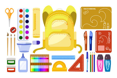 Various school supplies for kids vector illustrations set. Satchel or backpack, pen, pencils, eraser, scissors, notebook, rulers, paints for children on white background. Stationery, education conceptのイラスト素材