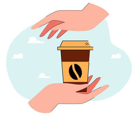 Human hands holding one hot coffee paper cup. Takeaway funny drink for walking people flat vector illustration. Street cafe, trendy beverage concept for banner, website design or landing web pageのイラスト素材