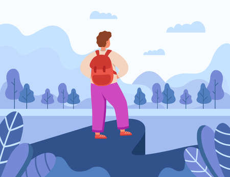 Landscape with tourist or hiker character standing on cliff. Back view of climber with backpack on adventure or journey, hiking or trekking flat vector illustration. Traveling, tourism conceptのイラスト素材