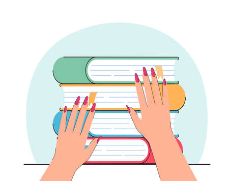 Cute hands of woman with pile of paper books from library. Read and study of female student flat vector illustration. School, knowledge, youth concept for banner, website design or landing web pageのイラスト素材