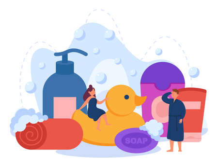 Tiny cartoon people with huge bath cosmetics. Giant soap, sponge and shampoo for bathroom procedures flat vector illustration. Hygiene, spa concept for banner, website design or landing web pageのイラスト素材