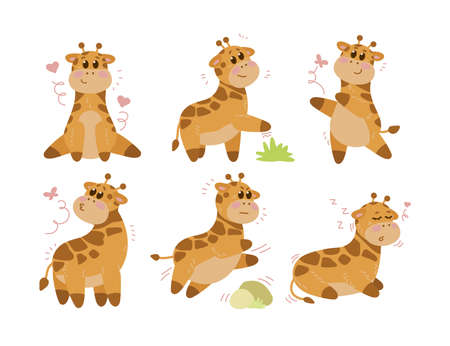 Adorable giraffe cartoon character vector illustrations set. Collection of watercolor drawings with cute baby animal in different poses on white background. Wildlife concept for birthday card designのイラスト素材