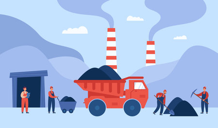 Team of miners working and haul truck in quarry. Cartoon people mining in mine, coal extraction or production flat vector illustration. Coal industry, transportation concept for banner, website designのイラスト素材