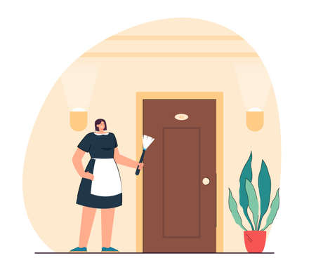 Hotel maid in uniform holding equipment for housekeeping. Woman standing near door flat vector illustration. Cleaning service, hospitality concept for banner, website design or landing web pageのイラスト素材