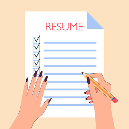 Hands of woman writing resume paper checklist with pencil. Process of job search for girl flat vector illustration. Employment, document, HR concept for banner, website design or landing web pageのイラスト素材