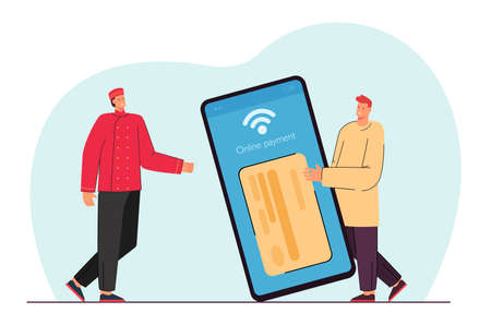 Tiny guest paying to bellman via mobile phone app. Online payment to man in uniform for baggage delivery service flat vector illustration. Hotel concept for banner, website design or landing web pageのイラスト素材
