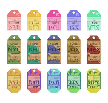 Retro tags for luggage at airport flat vector illustrations set. Vintage suitcase label or ticket designs with Paris, New York, Karachi, Jacksonville, Mexico City for plane trips. Traveling conceptのイラスト素材