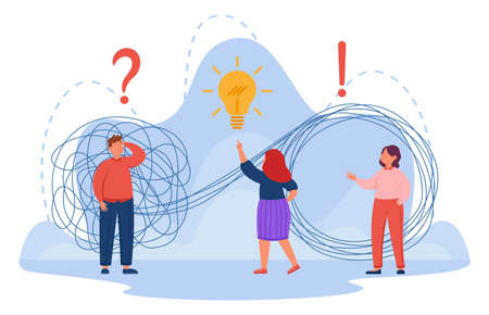 Team of business cartoon characters solving problem together. Metaphor for people finding solution or idea flat vector illustration. Strategy, challenge, management, leadership, teamwork conceptのイラスト素材