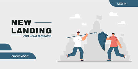 Two people fighting flat vector illustration. One person throwing spear at another, who defending himself with shield with fortress in background. Armor, defense, fight, battle, clash of interestsのイラスト素材