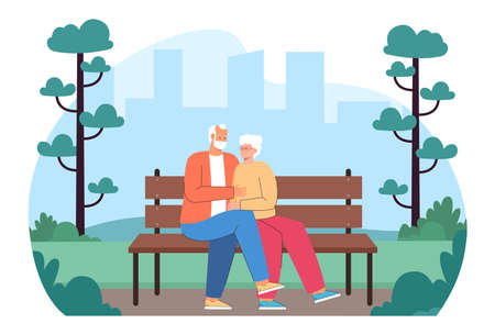 Senior couple sitting on bench in park flat vector illustration. Happy old man and woman hugging, looking at each other with tenderness, spending summer day together. Love, family conceptのイラスト素材