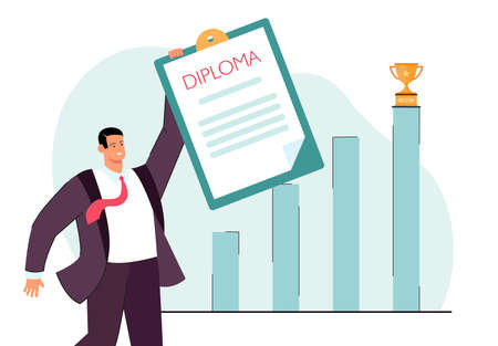 Happy male student holding diploma. Graduate with certificate, bar chart with trophy on top in background flat vector illustration. Education, graduation concept for banner or landing web pageのイラスト素材