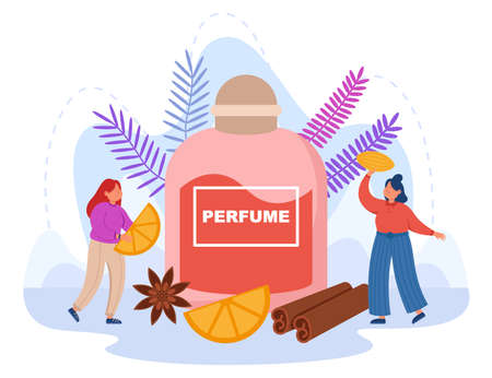 Tiny women with huge perfume bottle flat vector illustration. Girls creating new fragrance or flower...