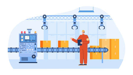 Man controlling automation production line. Male worker in uniform and hard hat watching out process of boxes packing on conveyer flat vector illustration. Manufacture, warehouse conceptのイラスト素材