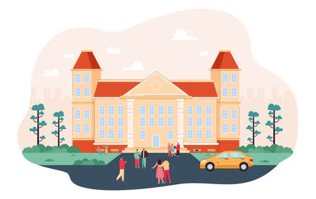 Students walking in front of university flat vector illustration. Young people spending time in campus or near college building on summer day, relaxing and talking. Landscape, leisure conceptのイラスト素材