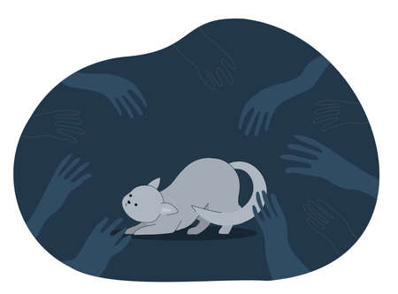 Homeless grey kitten afraid of scary hands. Cute cartoon cat scared of people flat vector illustration. Violence, animal cruelty, pets concept for banner, website design or landing web pageのイラスト素材