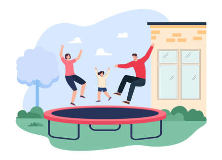 Happy family jumping on trampoline flat vector illustration. Cheerful mother, father and kid spending time together outdoor. People having fun in summer park. Entertainment, friendship conceptのイラスト素材