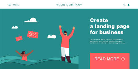 Sinking woman calling man for help vector illustration. Scared woman drowning in the sea screaming sos. Emergency situation, accident, danger concept for banner, website design or landing web pageのイラスト素材