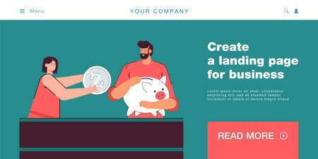 Young couple saving up money flat vector illustration. Man holding piggy bank, woman putting coin in it. Family and budget concept for banner, website design or landing web pageのイラスト素材